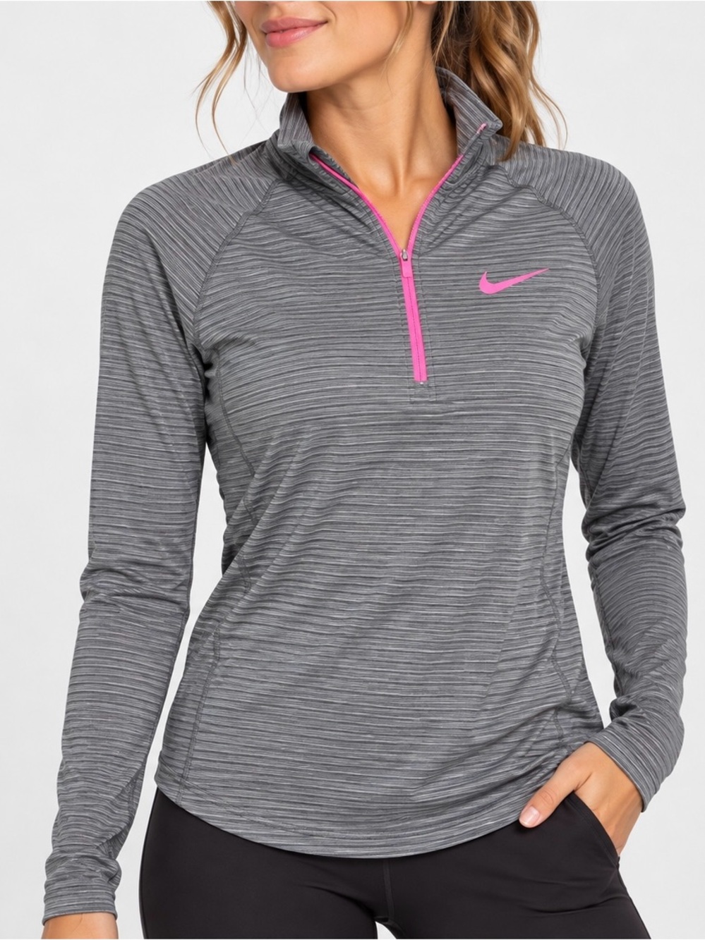 Nike Golf Dri-FIT Gray Pink Stripe 1/4 Zip Performance Pullover Womens L